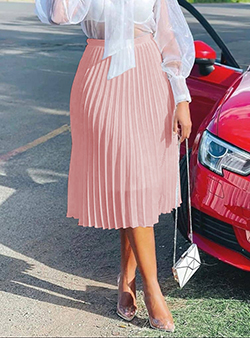 WMNS Pleated Mid-Length Skirt - Elastic Waistline / Hemline Free Base